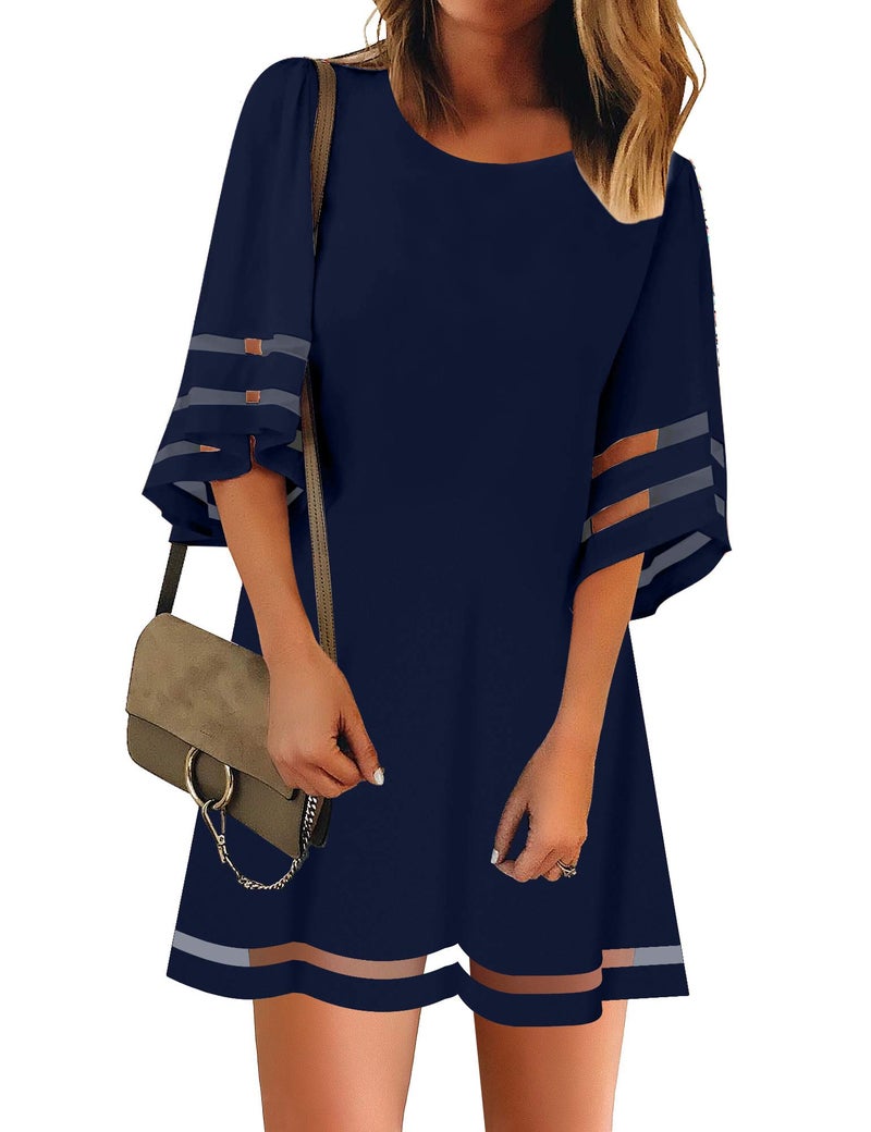 LookbookStore Summer Dresses for Wedding Guest October Bell Sleeve Summer Dress 3/4 Sleeves Tunic Cocktail Dresses Dark Sapphire Size XL Casual Dress Size 16 18 - Image 1